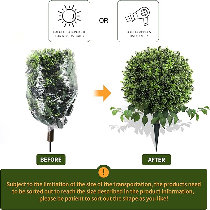 28" Artificial Boxwood Ball Bush, UV Resistant Topiary Tree Faux Boxwood Ball Shaped Porch Bushes with Ground Spike Artificial Bushes for Outdoors Front Door Decor Home Garden (6, Green)