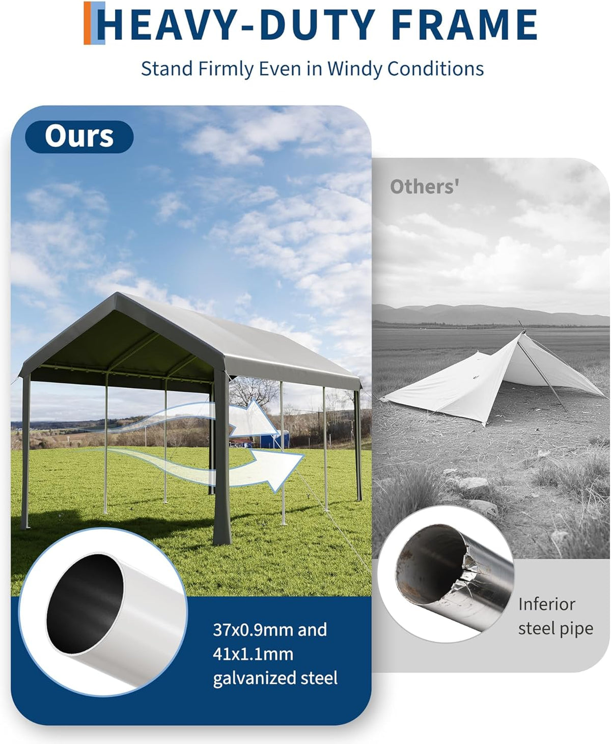 10x20ft Metal Carport Garage with PE Fabric and Galvanized Steel Frame Leg Wrap Carport for Outdoor Shelter for Cars, Trucks and Boats - Gray