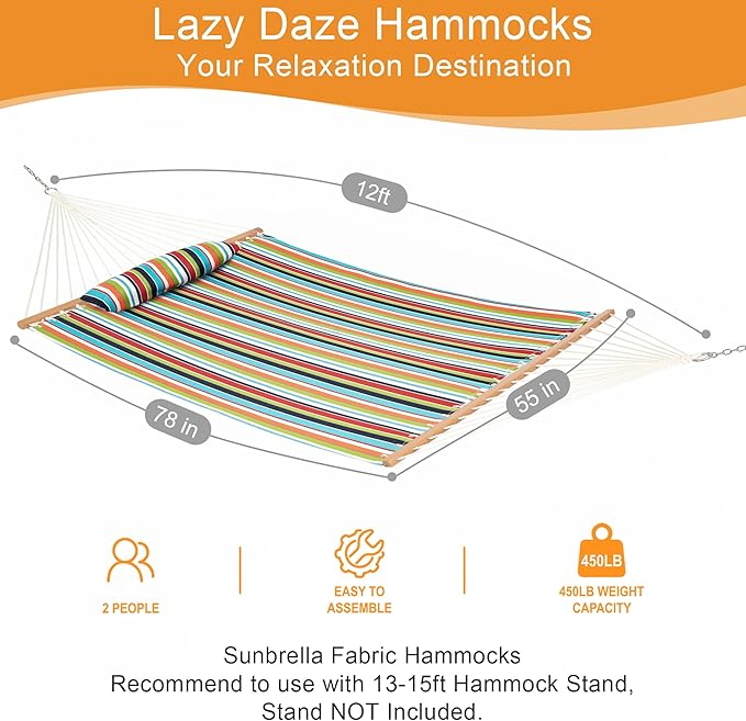 Lazy Daze 12 FT Sunbrella Fabric Hammock with Spreader Bars and Free Pillow Fits for Two Persons, All Weather and Fade Resistant for Patio Yard, 450 lbs Weight Capacity, Carousel Confetti