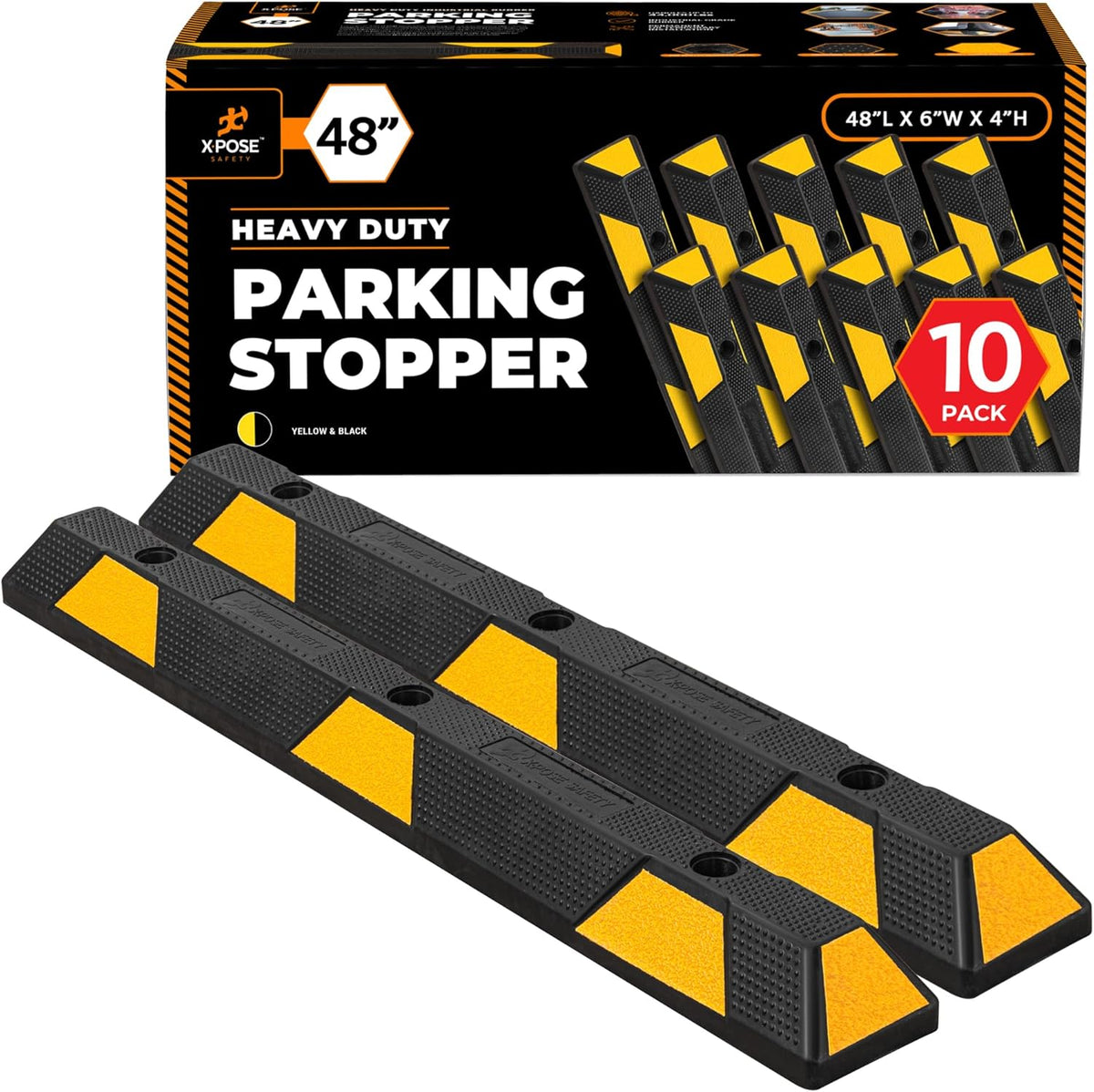 Xpose Safety 48" Heavy Duty Rubber Parking Stopper – 10 Pack Wheel Blocks for Garage, Driveway, or Ramp – Car Bumper Stop with Yellow Reflective Strips – Removable Floor Mount