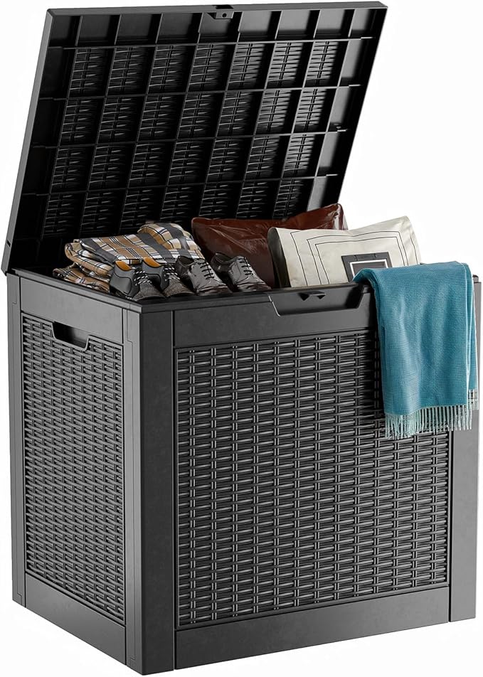 DRATO 31 Gallon Deck Box, Outdoor Storage Box for Patio Cushion, Sports Equipment, Garden Tools, Waterproof Resin Storage Box (Black)