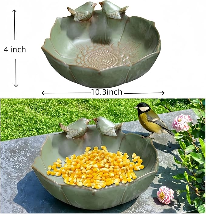Bird Bath for Outside on Ground, 10 in Ceramic Birds Bath Bowl, Handmade Ground Bird Feeders and birdbath for Outdoors for Outdoors, Garden, Tabletop, Balcony and Lawn (Big - deep)