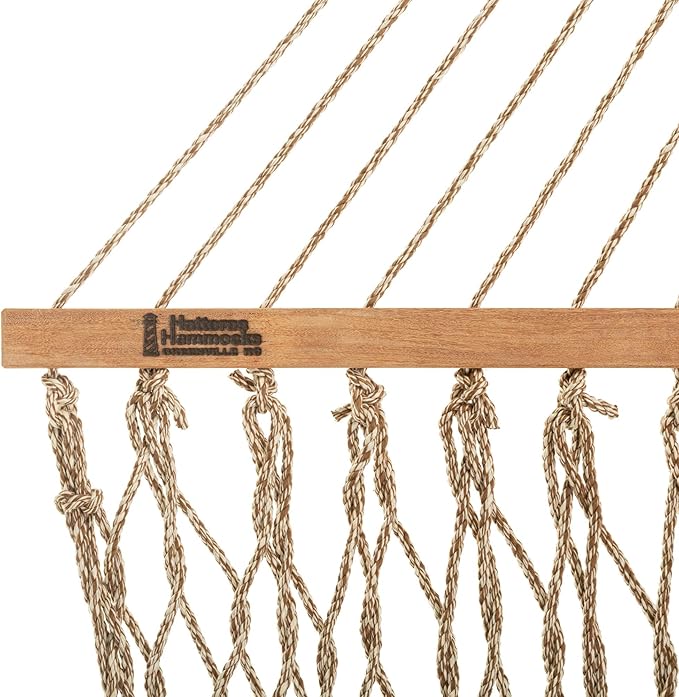 Hatteras Hammocks Deluxe Antique Brown Oatmeal Heirloom Tweed DuraCord Rope Hammock – 13 ft. x 60 in., 2-Person, 450 lb Capacity, Cumaru Spreader Bar, Zinc-Plated Hardware – Handcrafted in The USA