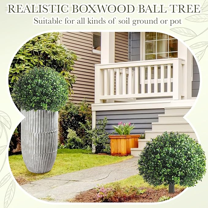 Yunlly 6 Pack 18" Artificial Boxwood Ball Bush Topiary Trees Fake Outdoor Plants, Realistic UV Resistance Faux Shrubs with Spike Greenery Topiary for Front Porch Garden Yard Patio Indoor (Green)