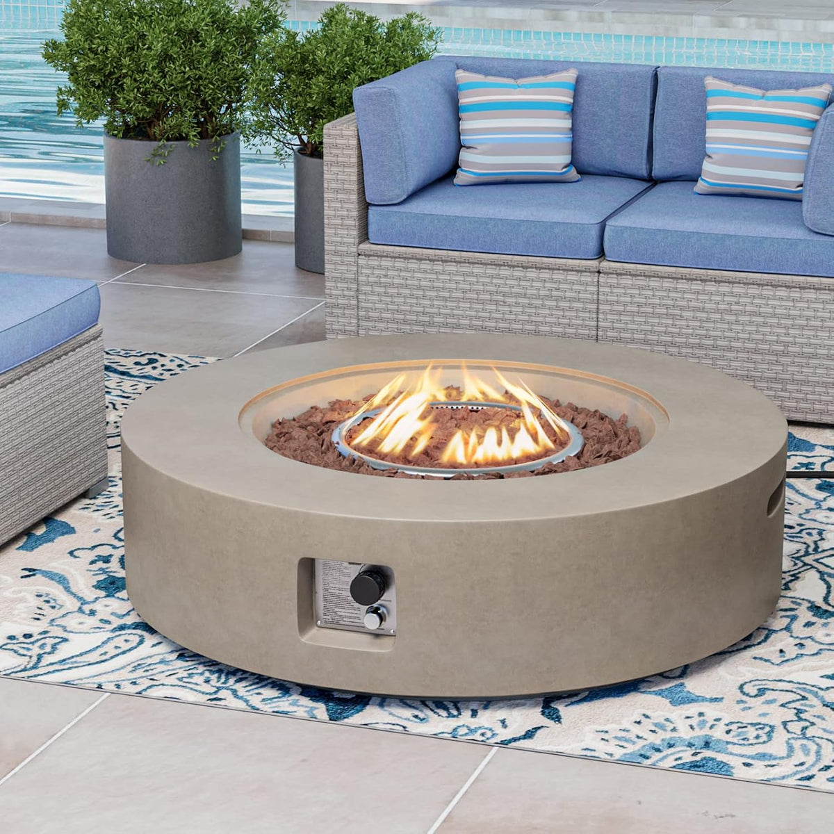 COSIEST 42 inch Outdoor Propane Fire Pit Coffee Table w Concrete Round Base Patio Heater, 50,000 BTU Stainless Steel Burner, Free Lava Rocks, Rain Cover(Gray)