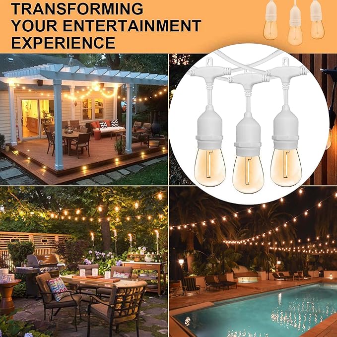Banord White Outdoor String Lights, Commercial Grade Patio Lights with 30 1W S14 Dimmable Shatterproof LED Bulbs, Heavy Duty Hanging Lights for Outdoor, Waterproof String Lights 96ft (2x48ft)
