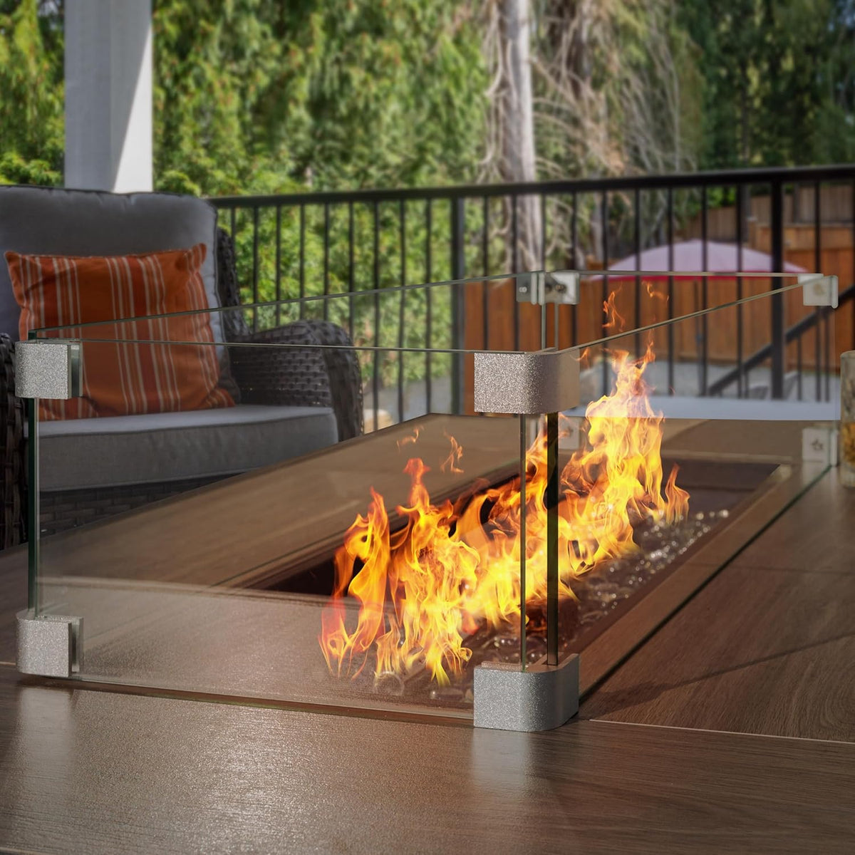 Nuu Garden 43" Propane Fire Pit, CSA-Listed Outdoor Fire Pit Table, 50000 BTU Gas FirePit with Lid, Glass Wind Guard, Glass Beads, 2-in-1 Rectangular FirePit for Outside Backyard Patio, Light Brown