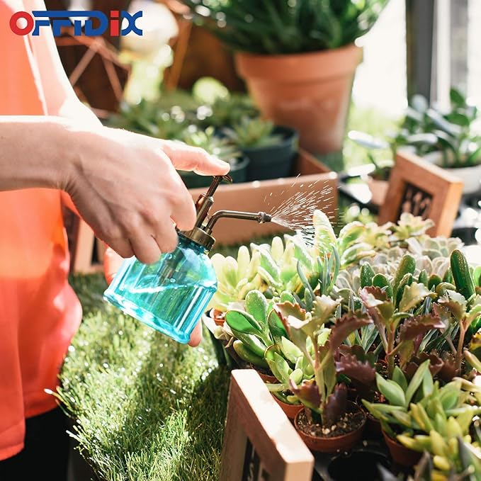OFFIDIX Glass Spray Bottle,Flower Mister Watering Can Pot 6.3" Tall Spritzer Bronze Plastic Top Pump One Hand Watering Can Indoor Plant Mister Spray Bottle for Garden, Plants, Cleaning