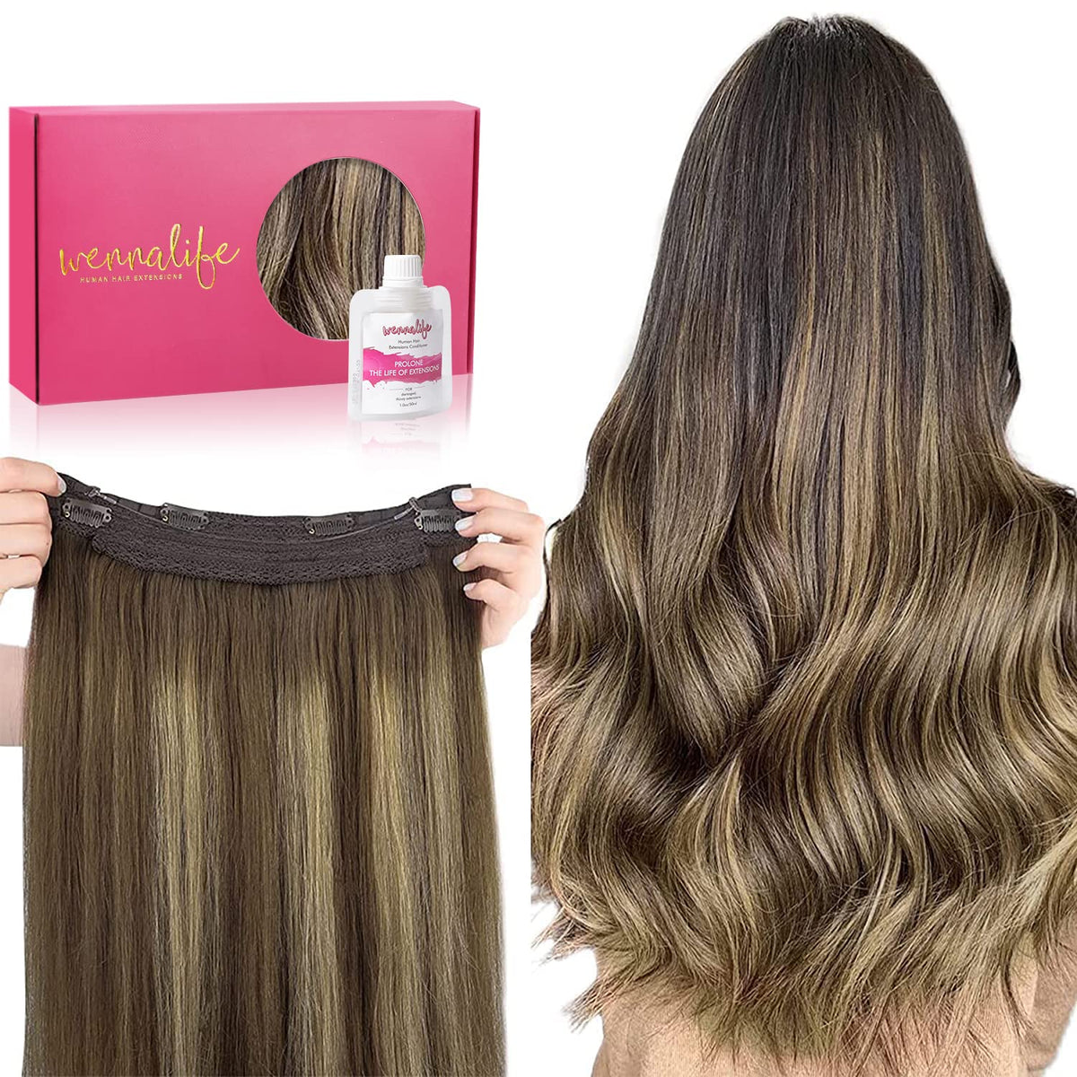 Wennalife Wire Hair Extensions (Increase 50% Lifespan) Real Human Hair 18 Inch 95G Balayage Chocolate Brown To Caramel Blonde Re