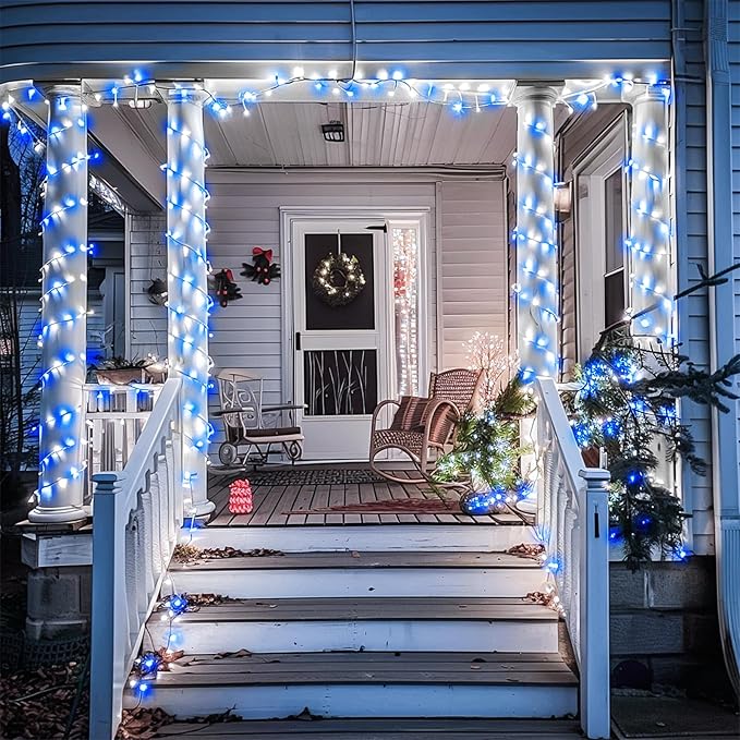 JMEXSUSS Blue and White String Lights Outdoor Indoor, 200 LED Christmas String Lights Clear Wire, 66ft Christmas Lights Plug in for Bedroom Tree Room Party Decorations