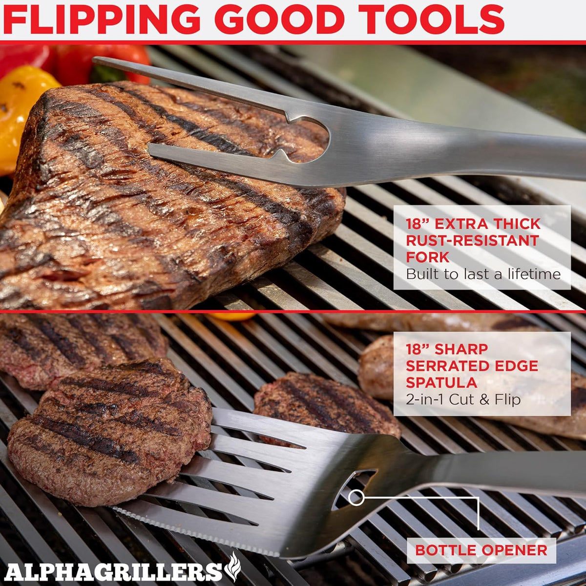 Alpha Grillers Grilling Accessories - BBQ Accessories Grill Gifts for Men Dad Him Husband Son Boyfriend Birthday - Barbecue Grilling Tools Utensils Set with Spatula, Fork, Brush, Tongs Kit