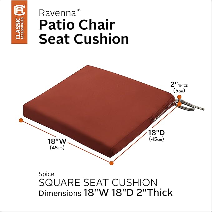 Classic Accessories Ravenna Water-Resistant Patio Chair Seat Cushion, 18 x 18 x 2 Inch, Spice, Patio Furniture Cushions