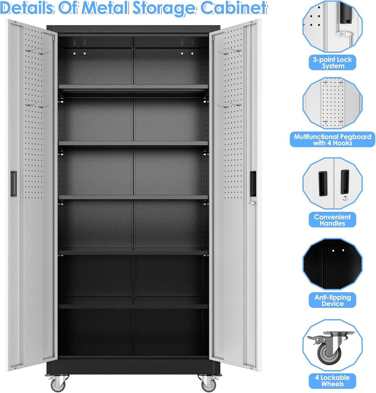 71"H×32"W×16"D Garage Storage Cabinet with Wheels & Pegboard, Locking Metal Storage Cabinet with Doors and 5 Adjustable Shelves & & 4 Hooks for Garage Warehouse Home Office, Black and Silvery