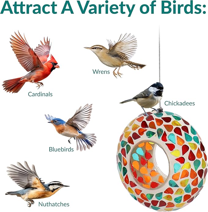 Sunnydaze 6-Inch Glass Mosaic Hanging Bird Feeder for Outdoors - Fly-Through Wild Bird Feeder - Confetti Mosaic