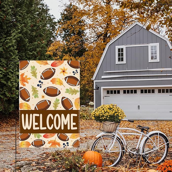 Welcome Fall Garden Flag Autumn Football Garden Flag 12x18 inch Double Sided Fall Maple Leaves Seasonal Flags for Yard Outside Lawn Patio (Flay 1802)