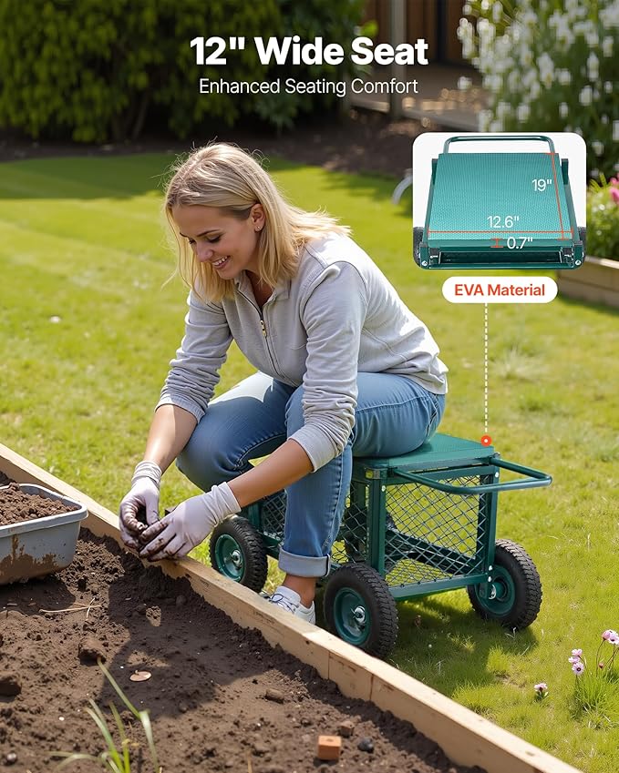 VEVOR Rolling Garden Cart with Seat, Metal Rolling Garden Work Seat with Wheels, Supports up to 400 LBS, Heavy Duty Gardening Cart Scooter, Outdoor Wagon & Stool on Wheels for Lawn, Patio, Backyard