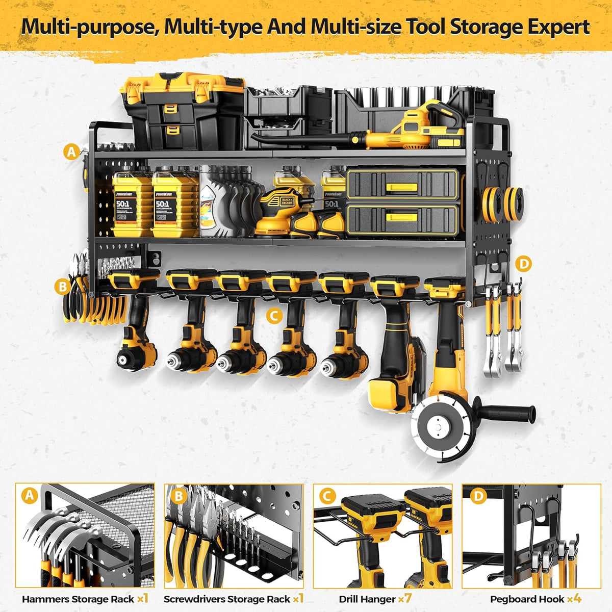 LBT Large Power Tool Organizer Wall Mount with Pegboard, Heightening Garage Power Tool Storage with 7 Cordless Drill Holder, Heavy Duty Metal Tool Shelf Battery Storage, Gifts For Men Father Husband