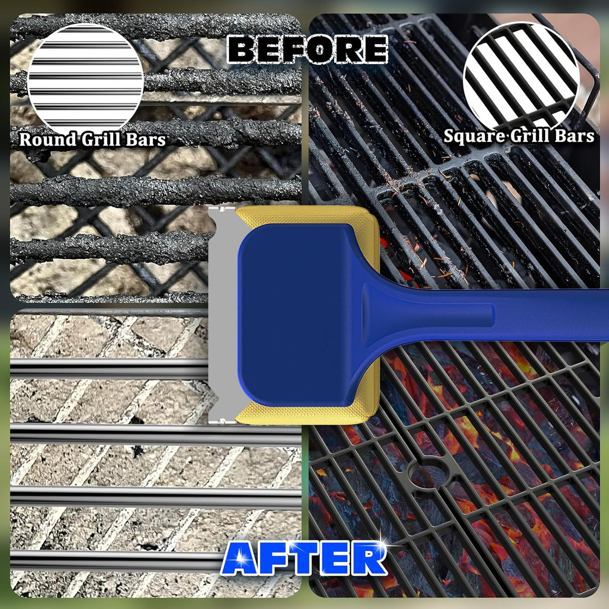 Blue Grill Brush Bristle Free, Replaceable BBQ Cleaning Head Accessories Cleaner, Yellow Wavy Pad Perfect for Stainless Steel, Porcelain, Cast Iron Grates Round Rectangle Grates