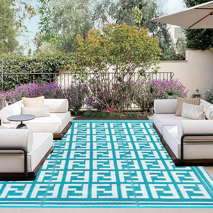 OutdoorLines Outdoor Plastic Area Rugs for Patio 5x8 ft - Reversible Outside Carpet, Stain & UV Resistant RV Mats, Straw Rug for Camping, Deck Garden, Porch and Balcony, Geometry Teal & Light Grey