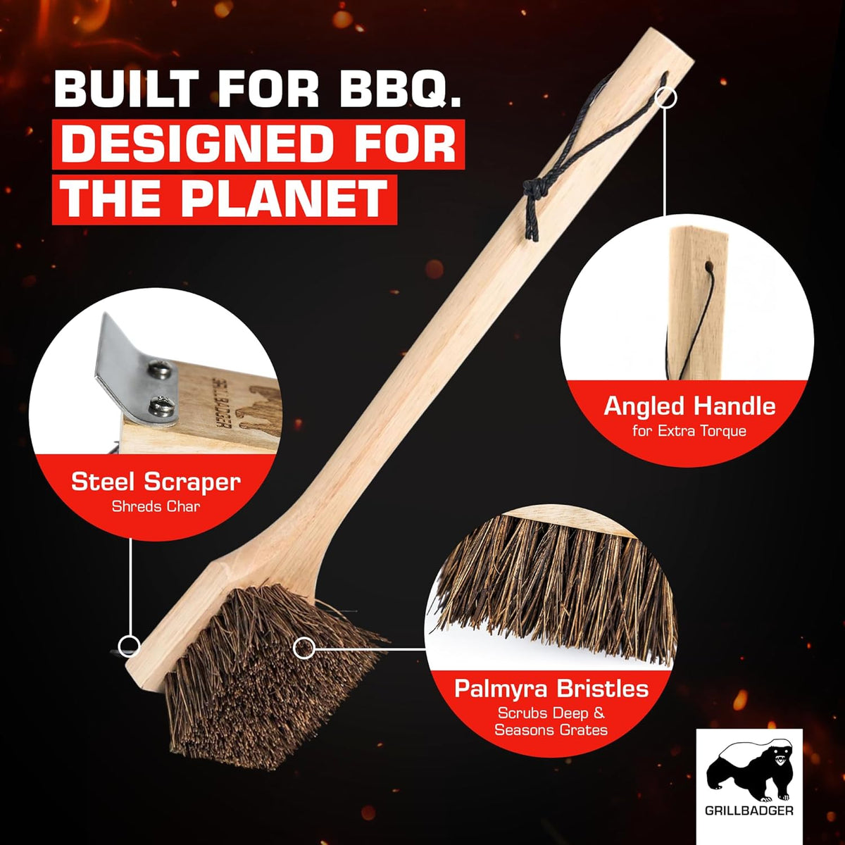 Natural Grill Brush Non Metal Bristles - Durable Non Metal Grill Brush Outdoor Grills Wooden Handle BBQ Cleaning Non-Wire High Temp Cleaner for Cast Iron Grates Safer Scrubber Tools by GRILLBADGER