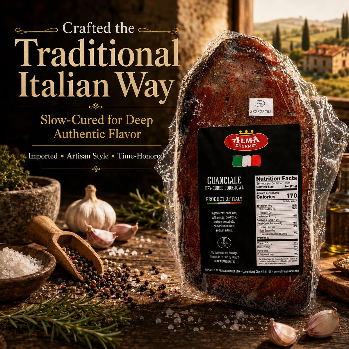 Alma Gourmet Guanciale From Italy - Italian Dry-Cured Pork Jowl, Aged 3 Months - Imported Cured Meat for Charcuterie - La Salameria - Approx. 2.8