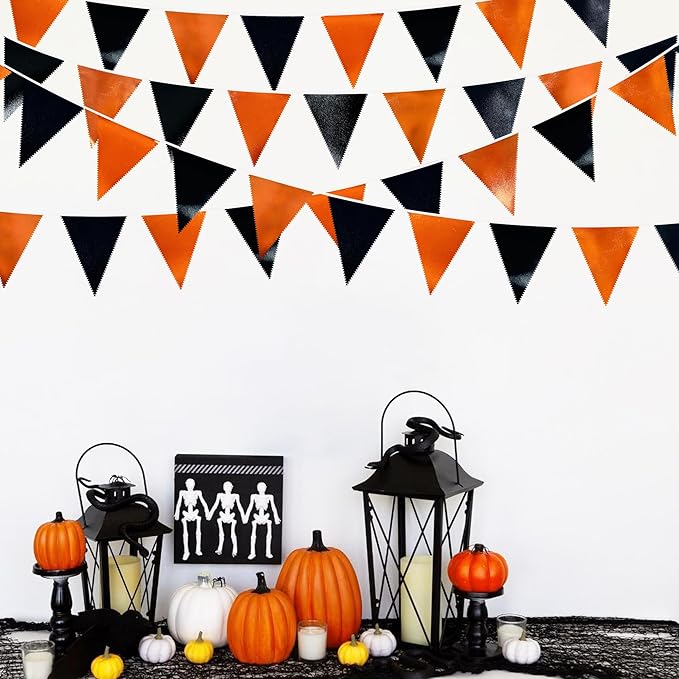 Black Orange Party Decoration Metallic Fabric Triangle Pennant Banner Flag Bunting Garland for Graduation Halloween Fall Autumn Thanksgiving Birthday Wedding Baby Shower Bridal Shower Party Supplies