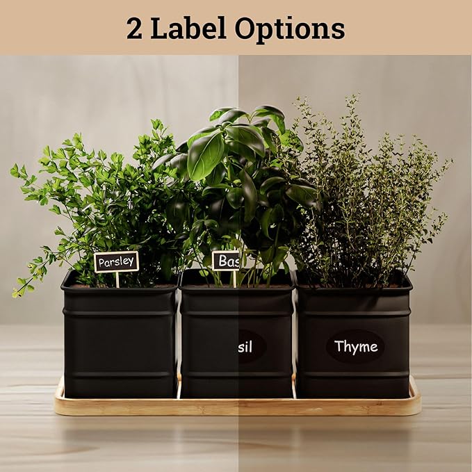 Herb Planter Indoor - 3 Iron Herb Pots with Drainage Holes, Varnished Bamboo Tray, Customizable Labels & Marker Pen - Indoor Herb Garden Planter - 3 Pots for Herbs - Inside Spice Garden - Basil Pot