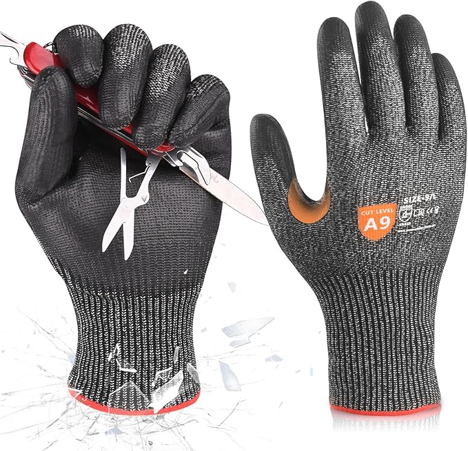 Donfri A9 Cut Resistant Work Gloves for Men - Steel + HPPE Hybrid Safety Gloves for Men, ANSI Cut Level 9 Protection Flexible for Metal Glass Wood Construction Fishing