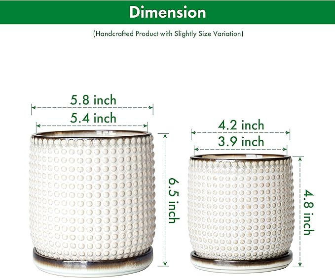 D'vine Dev 6 Inch 4 Inch Ceramic Indoor Planter Pots with Drainage Hole and Saucer, Beaded Design Flower Pots, Set of 2, Smoked White, 27-D-U-1