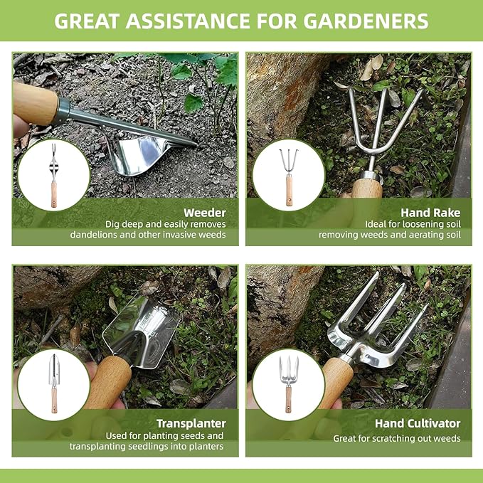 Garden Tool Set 12 Pieces Gardening Tools Stainless Steel Heavy Duty, Outdoor Hand Tools with Floral Organizer Handbag, Succulent Tools,Gardening Gifts for Women Men Beginners