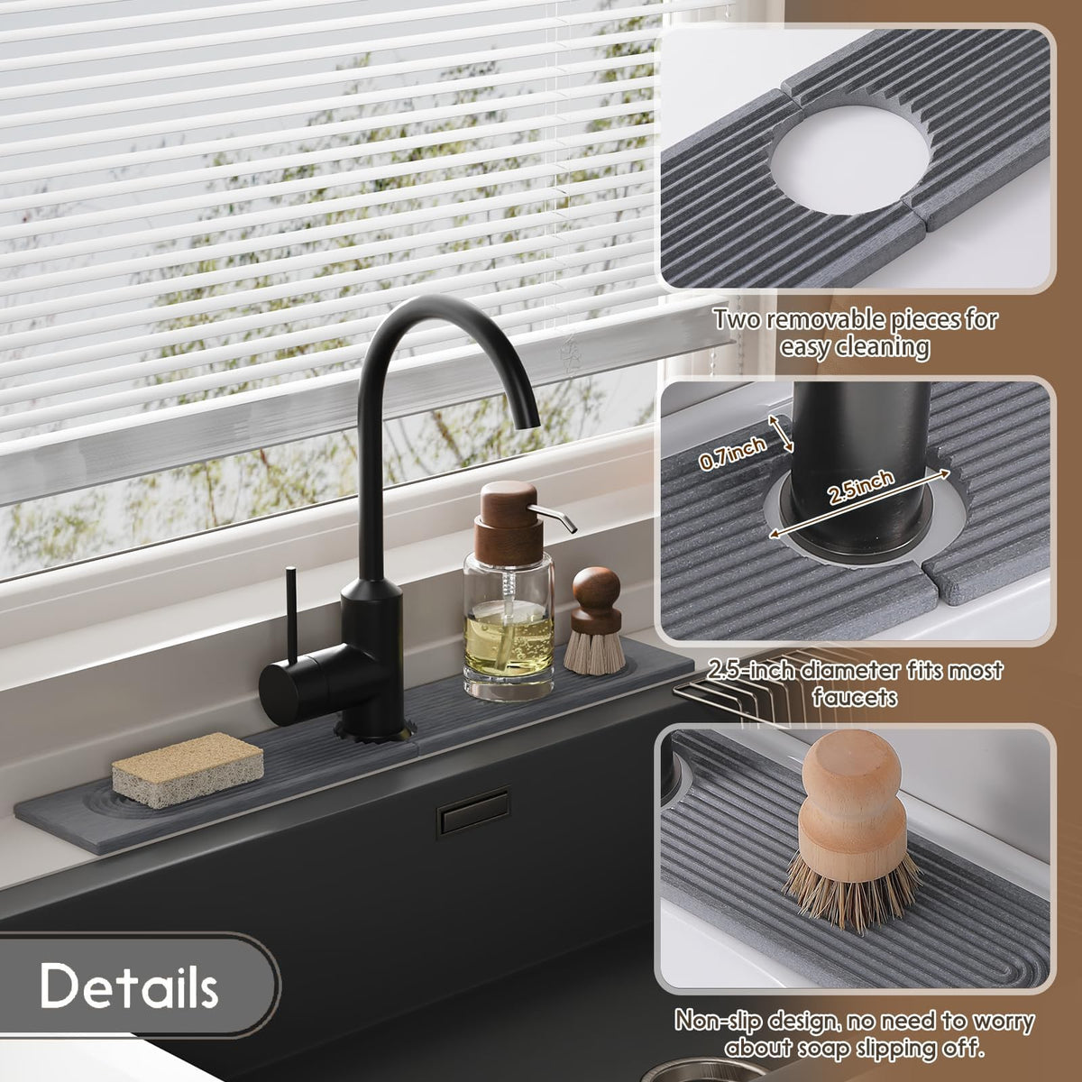 KITHOLD Diatomite Sink Splash Guard – Super Absorbent Kitchen & Bath Mat, Quick-Dry Non-Slip Drying Tray, Fits Most Faucets, Pet Bowl Mat, Vase Holder (Premium Gray, 23.6'' x 4'')