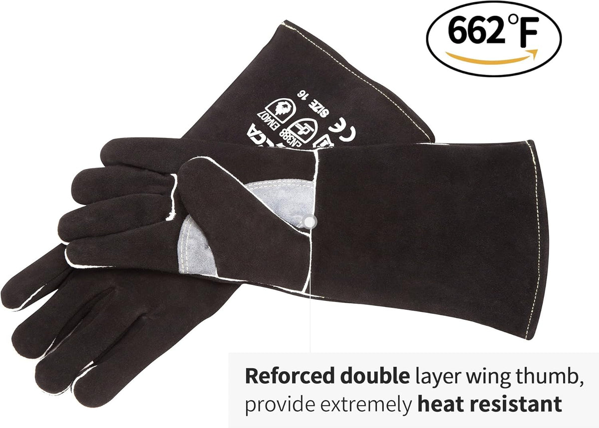 RAPICCA Welding Gloves Fire Heat Resistant: Black 16IN - Fireproof Leather For Stick Mig Flux-Core Welder Forge Blacksmith Fireplace Wood Stove Fire Pit Furnace Handling Dry ice - One Size 662℉