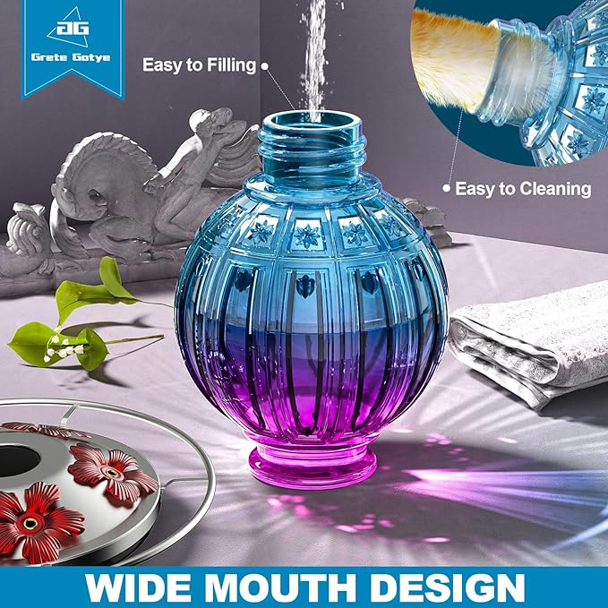 Glass Hummingbird Feeder for Outdoors Hanging, 26Oz Bird Nectar Feeder with Perch & 5 Flower Feeding Ports, Leak Proof for Outside Garden Decor Backyard, Gifts for Women Mom, Purple Blue