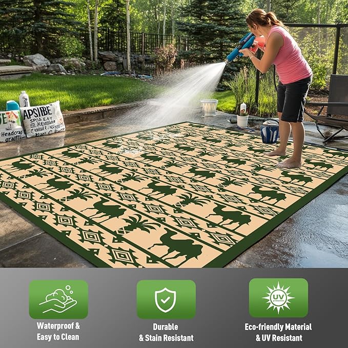WILDROOTS 5x8 Feet Plastic Tropical Green Outdoor Rug, Stain Resistant Waterproof Reversible Outdoor Patio Rug, Fade Resistant Camping Rug