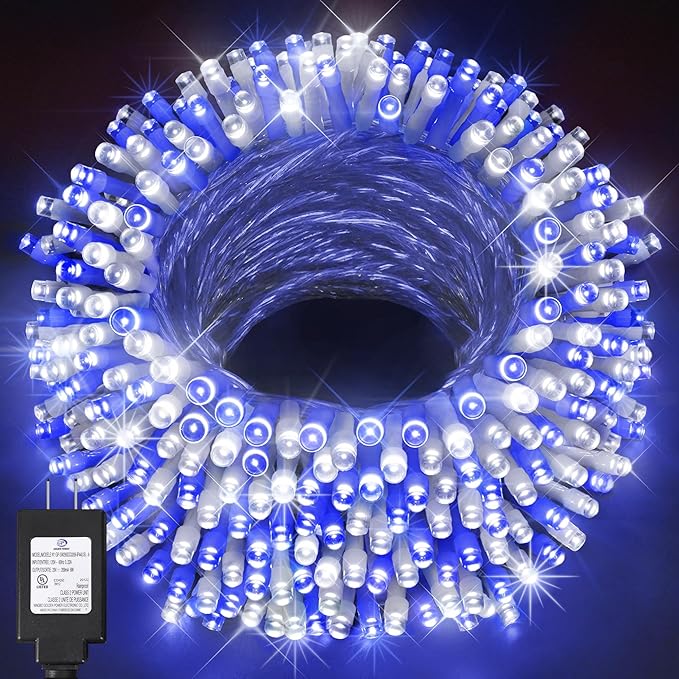 KNONEW Outdoor Christmas Lights 500 LED 197ft String Lights 8 Modes & Memory Fairy Light Plug in Waterproof LED String Lights for Xmas Yard Tree Wedding Party (Blue and White)