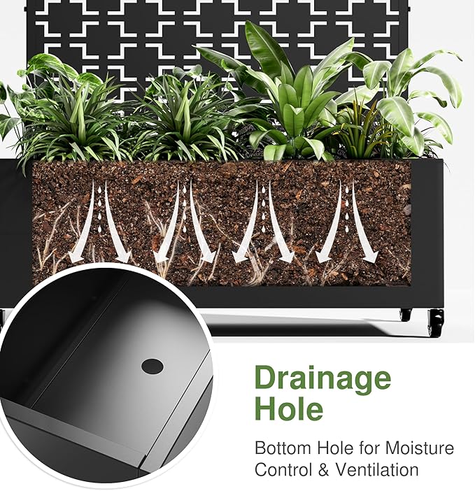 Casaphoria Metal Raised Garden Bed with Trellis and Wheels, 72"x35"x16" Arched Planter Box for Climbing Plants, Vegetables & Vines, Features Drainage Holes and Privacy Screen (Black-Brick)