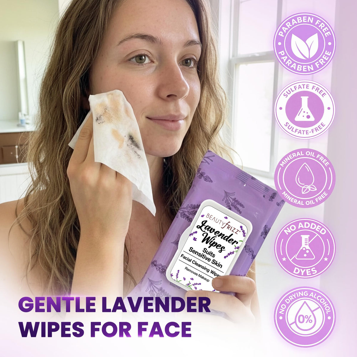 BeautyFrizz Lavender Face Wipes - No Rinse Makeup Remover - Extra Soft
