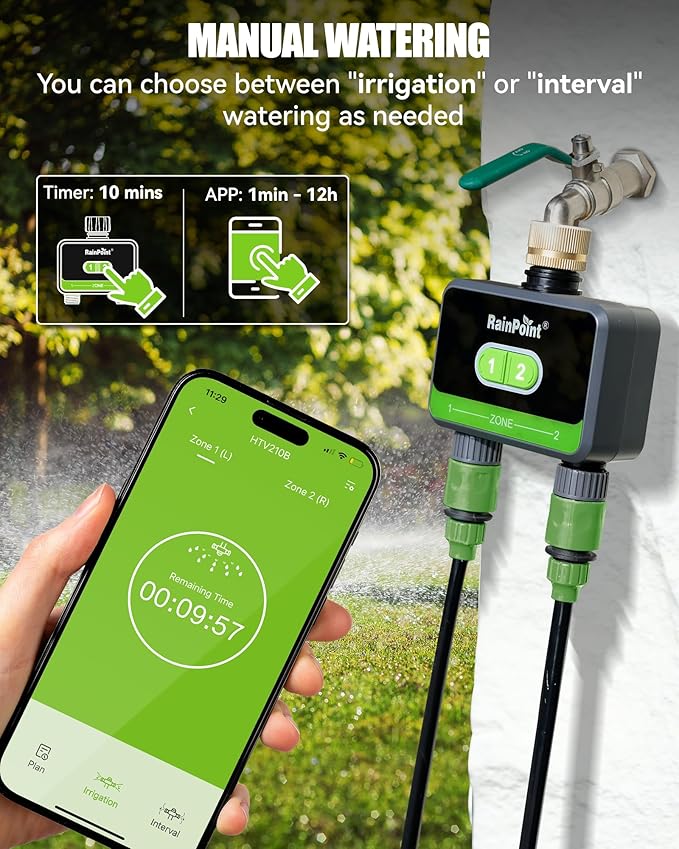 RAINPOINT Bluetooth Water Timer for Garden Hose, Smart Hose Timer 2 Outlet(Not Hub), Wireless Sprinkler Watering Timer with Rain Delay, Automatic Irrigation System for Lawns and Yard