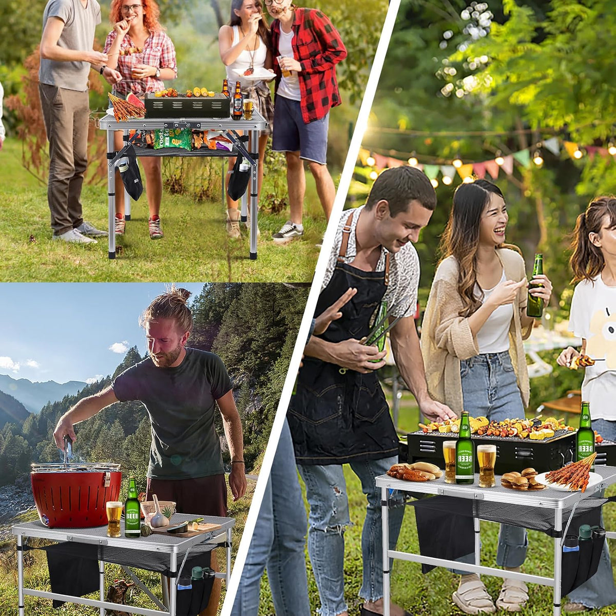 Nice C Square Table for Grill, Folding Table, Camping Table, Outdoor Table, Card Table, Height Adjustable, Mesh Bag Lightweight, Carry Handle, Aluminum (23.6"x23.6" White)