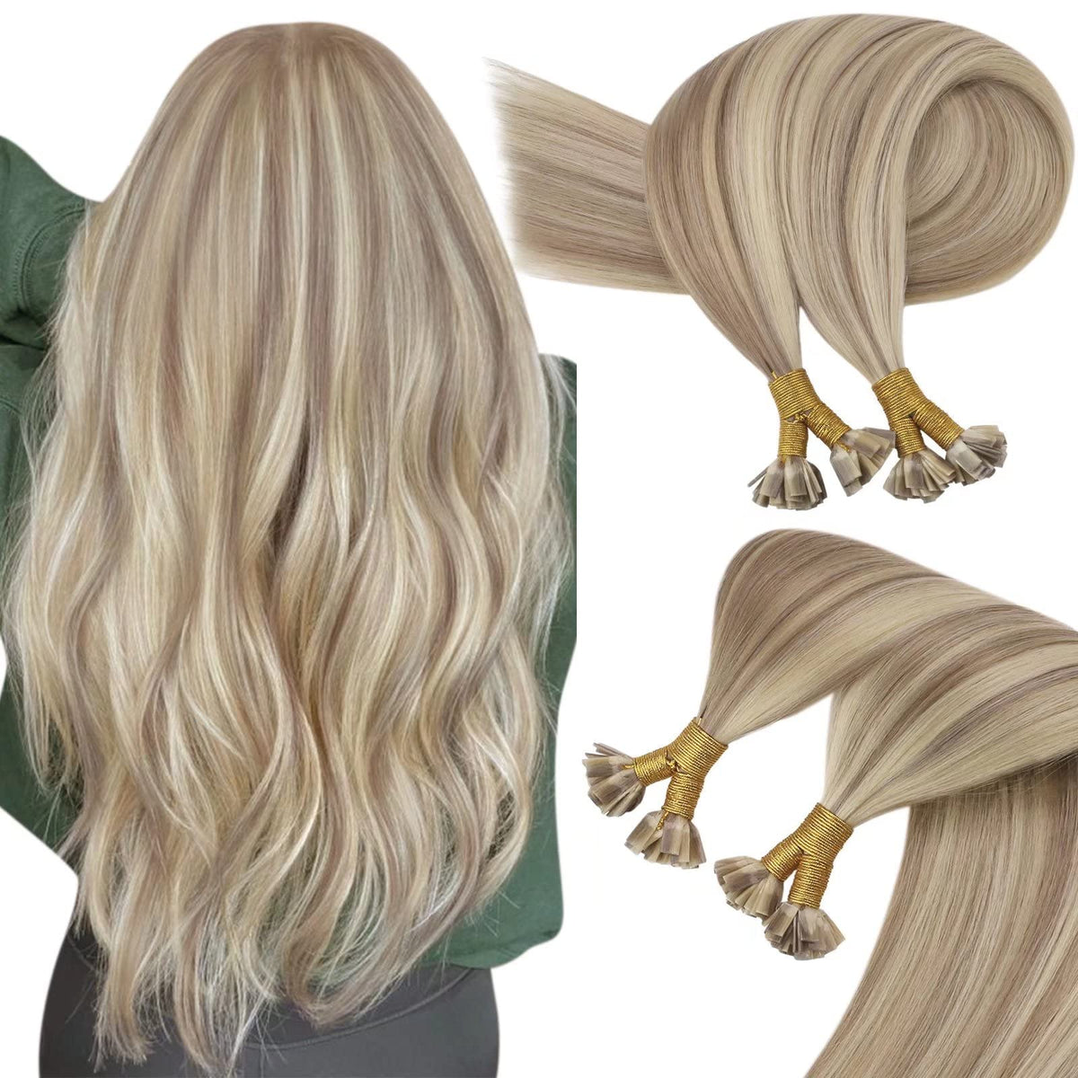 Sunny Hair Flat Tip Hair Extensions Golden Blonde Keratin Hair Extensions Ash Blonde Highlight Golden Blonde Hot Fusion Hair Ext