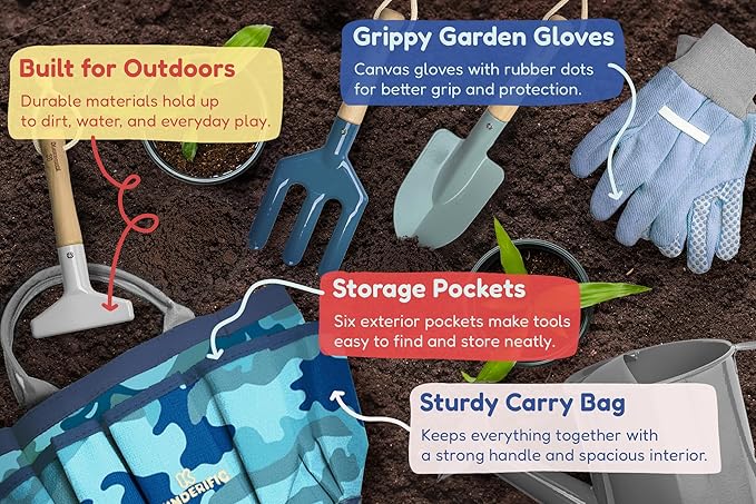 Gardening Set, Tool Kit, for Kids, STEM, Includes Tote Bag, Spade, Watering Can, Rake, Fork, Trowel and Gloves (Camo Quest)