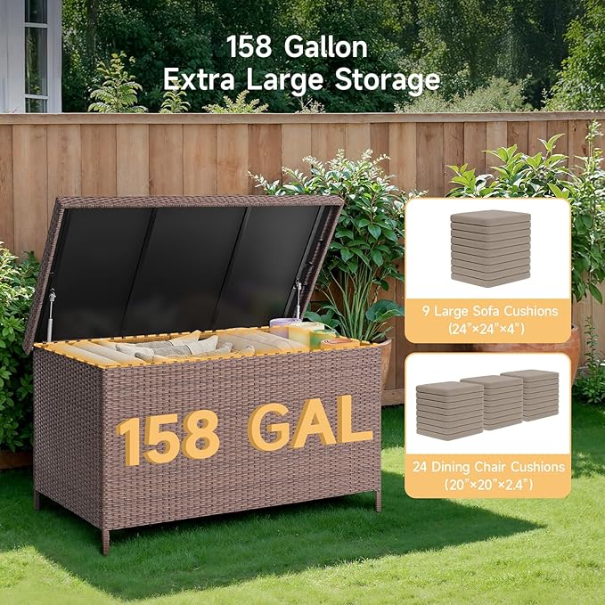 158 Gallon XL Deck Box with Lid, All Weather Wicker Outdoor Storage Box Waterproof, Large Outdoor Patio Storage Bin for Cushions, Garden Tools, Gears, Pool Accessories, Brown