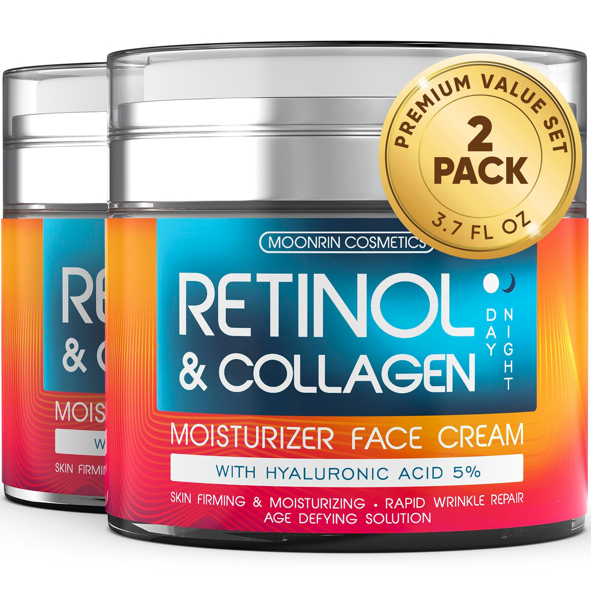Retinol Cream for Face 2-Pack – Anti-Aging Moisturizer with Hyaluronic Acid & Collagen, Day & Night Face Cream for Wrinkles & Fine Lines, 3.7 Oz (Pack of 2)