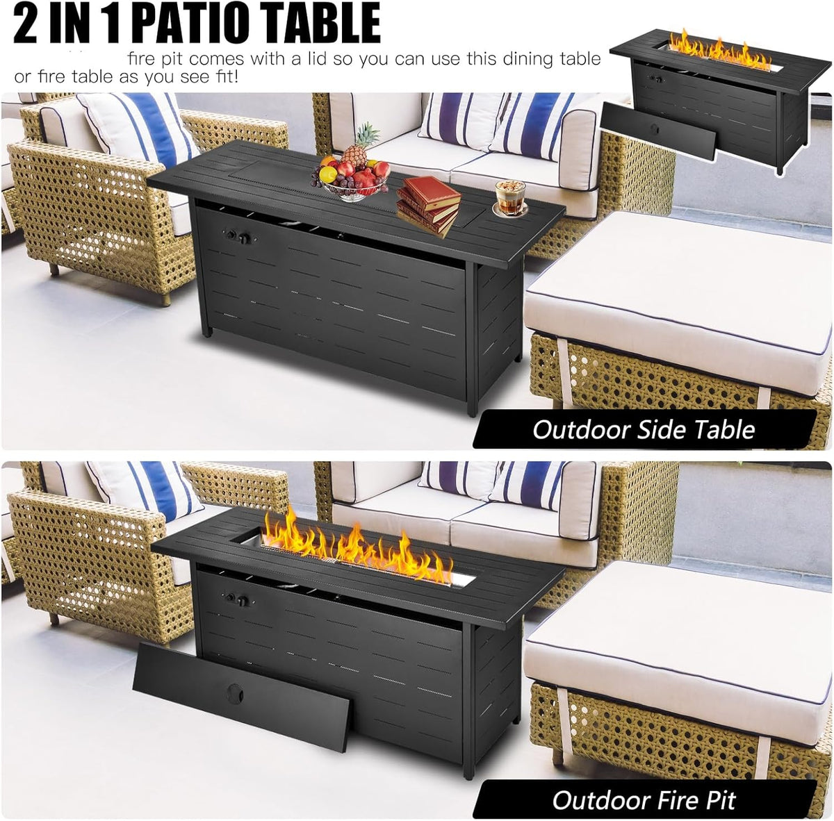 57 inch Propane Fire Pit Table,50000 BTU Gas Fire Pits Table with Lid & Lava Rock & Waterproof Cover, Outdoor Propane Firepit for Dining or Party, Outside, Patio, Garden, Yard