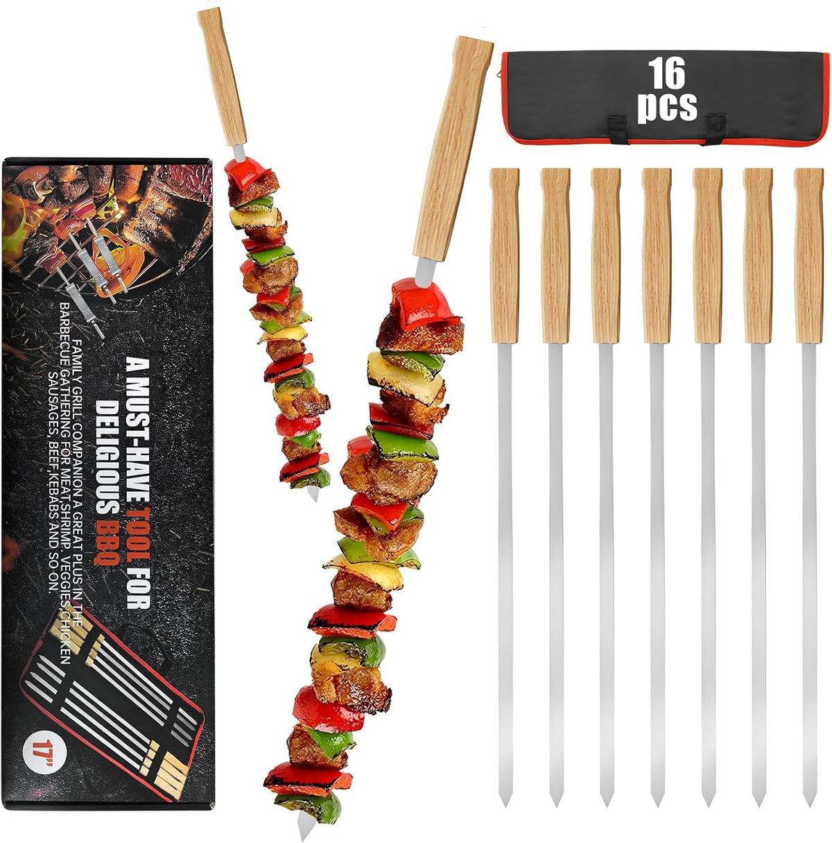 SHIKORI Kabob Skewers,BBQ Barbecue Skewers,Stainless Steel Sticks,17 Inch Heavy Duty Large Wide Reusable,with Nonslip Wooden-16 Pcs