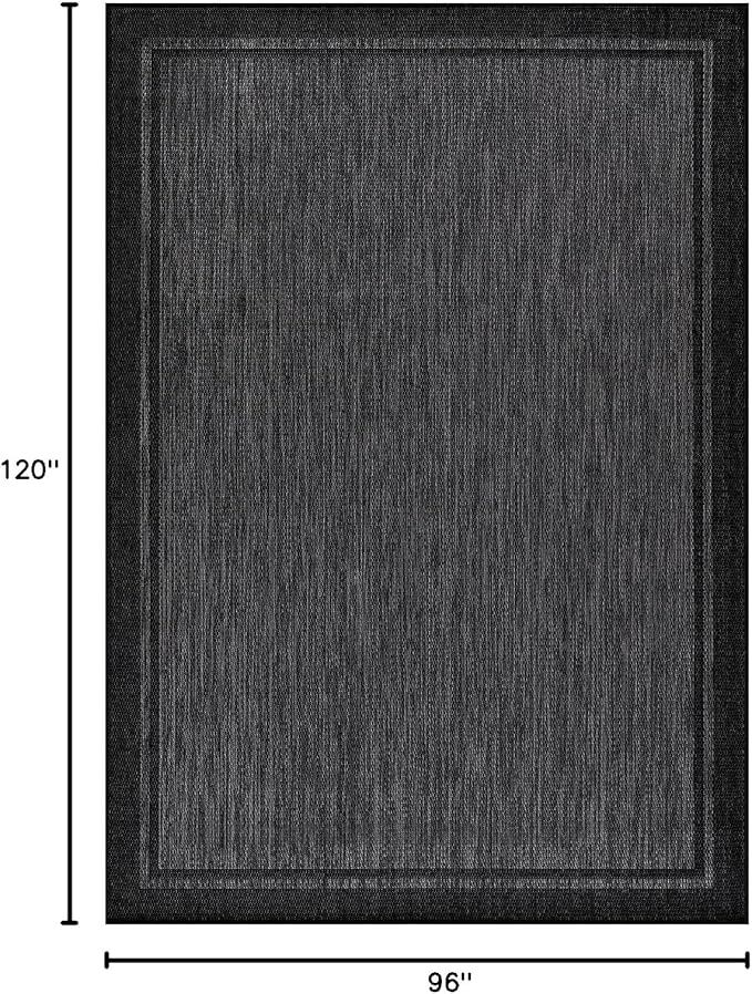 CAMILSON Indoor Outdoor Rug, 8x10 Bordered Dark Gray Black Modern Area Rugs for Indoor and Outdoor Patios, Kitchen and Hallway Mats, Washable Porch Deck Outside Carpet (Bordered Black, 8 x 10)