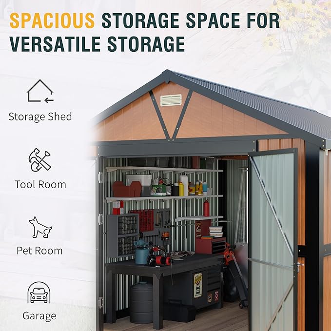10x12 Ft Outdoor Storage Shed, Extra Large Metal Shed with Frame Floor, Lockable Doors, 2 Windows, Outside Steel Tiny House Ideal for Garden, Backyard, Patio Utility, Tool Storage