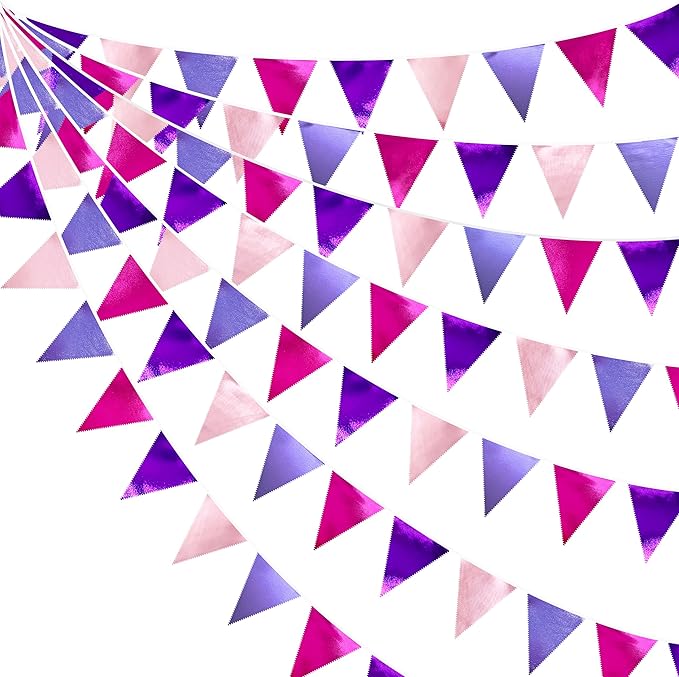 Pink and Purple Party Decorations Metallic Hot Pink Lavender Fabric Triangle Pennant Banner Flag Bunting Garland for Girls Women Birthday Wedding Baby Shower Bachelorette Engagement Party Supplies