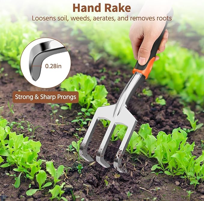 LASZOLA 3 Piece Garden Tool Set Include Hand Trowel Rake and Transplant Shovel for Women, Indoor Heavy Duty Small Spade Kit with Ergonomic Handle to Weed and Loosen, for Mom and Plant Beginner, Orange