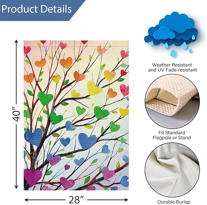 Louise Maelys Rainbow Tree Garden Flag Pride Month Love Heart 28x40 Inch Double Sided Welcome Large Burlap Gay Pride Lesbian LGBTQ Yard Outdoor Sign Outside Home House Decor